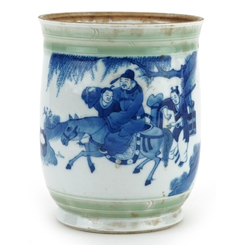 141 - A Chinese porcelain blue and white vase hand painted with figures on horseback and script, 14cm high... 