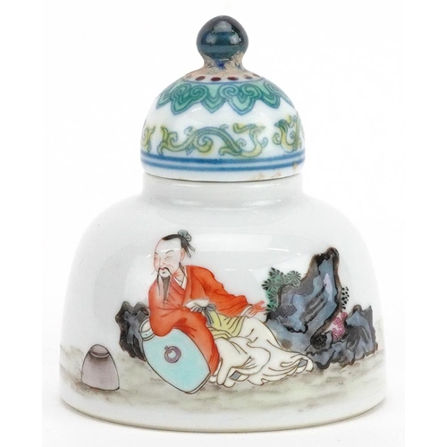 145 - A 20th century Chinese porcelain inkwell and cover hand painted with a recumbent figure, four figure... 