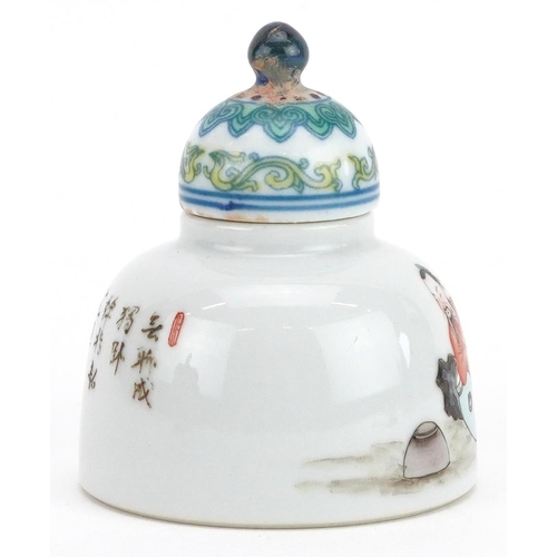 145 - A 20th century Chinese porcelain inkwell and cover hand painted with a recumbent figure, four figure... 