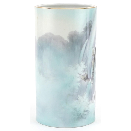 267 - A Japanese Noritake porcelain cylindrical vase hand painted with a fish in a waterfall, 25cm high.