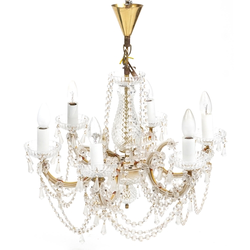 1020 - A pair of mid 20th century cut glass six branch chandeliers, 40cm high x 53cm in diameter.