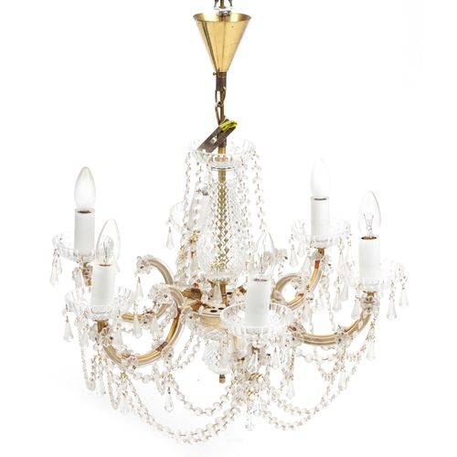 1020 - A pair of mid 20th century cut glass six branch chandeliers, 40cm high x 53cm in diameter.