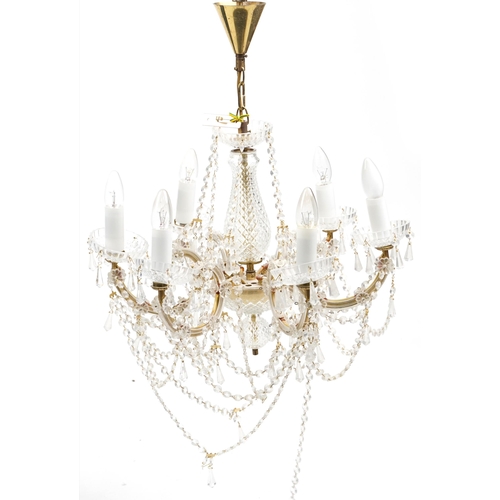 1020 - A pair of mid 20th century cut glass six branch chandeliers, 40cm high x 53cm in diameter.