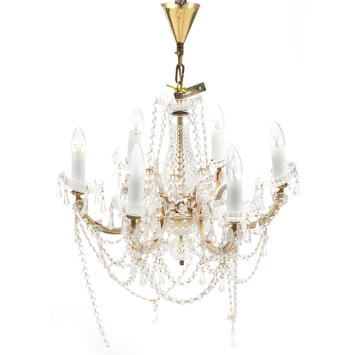 1020 - A pair of mid 20th century cut glass six branch chandeliers, 40cm high x 53cm in diameter.