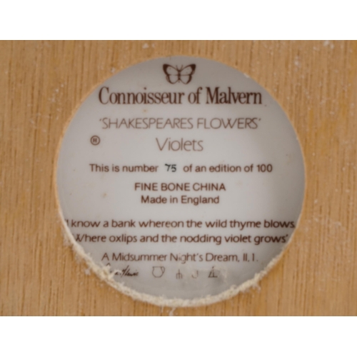  A Connoisseur of Malvern Shakespeare's Flowers, Violets, fine bone china wall plaque by Diane M.Lewi... 