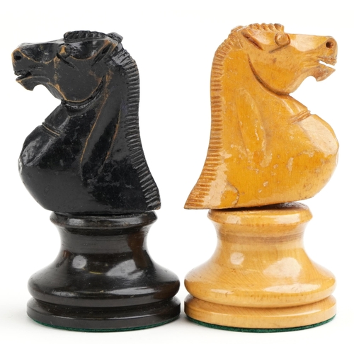 504 - A large Staunton pattern boxwood and ebony chess set with weighted bases, the largest piece 11.5cm h... 