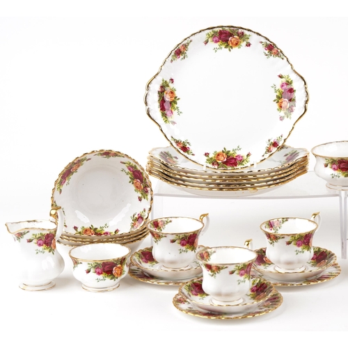 449 - A Royal Albert Old Country Roses six place tea service including trios and cake stand, the largest 2... 