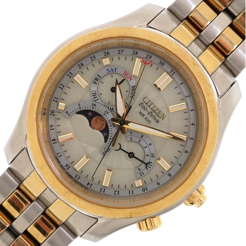 334 - A Citizen Eco-Drive WR100 chronograph wristwatch with moon phase dial, 38mm in diameter.