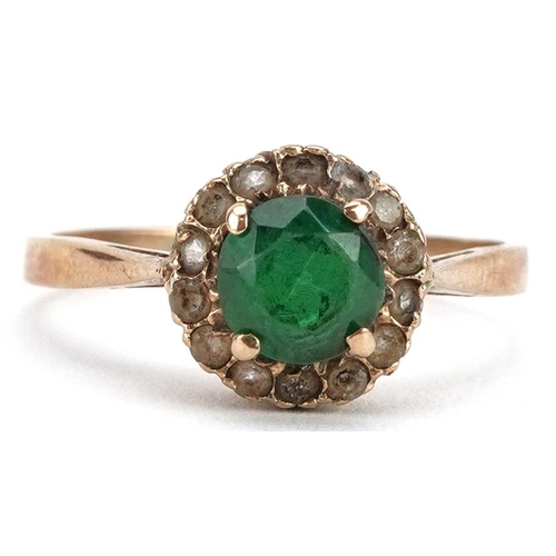 435 - A 9ct gold green and clear stone cluster ring, size O, 2.1g.