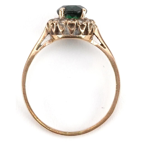 435 - A 9ct gold green and clear stone cluster ring, size O, 2.1g.