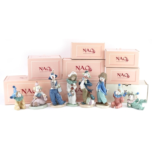 Eight Nao porcelain figures including Airy Clown, the box numbered ...