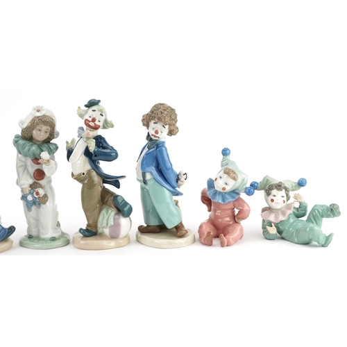 778 - Eight Nao porcelain figures including Airy Clown, the box numbered 00488, Clown with Ball, the box n... 