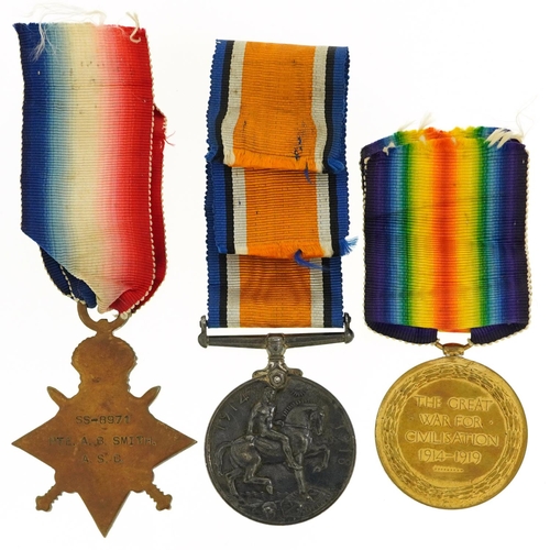 656 - British military World War I medal trio awarded to 8971 PTE.A.B.SMITH.A.S.C..