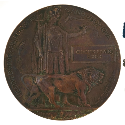 654 - British military World War I medal pair and death plaque awarded to 113183 C.E.FISHER.STO.1.R.N. 'Ch... 