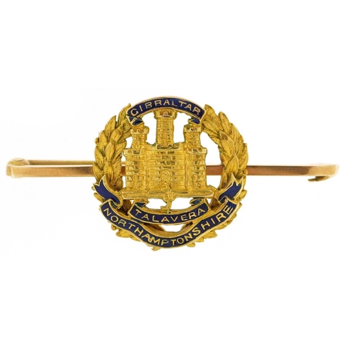 695 - A military interest 15ct gold and enamel Gibraltar and Northamptonshire sweetheart brooch, 4.2cm wid... 