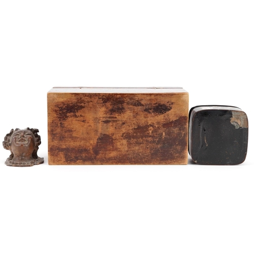 1210 - An Edwardian stained beech cigarette box, 19cm wide, together with a papier mâché and mother-of-pear... 