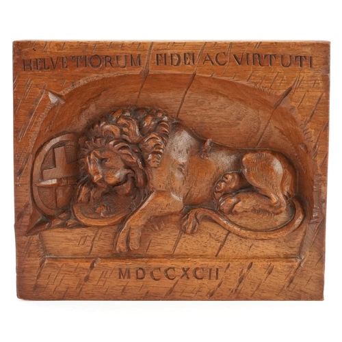 1206 - A mid/late 20th century carved walnut wall plaque of 'The Lion of Lucerne', carved in relief, 15cm x... 