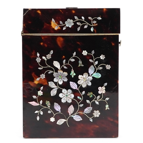 130 - A Victorian tortoiseshell and mother-of-pearl inlaid card case, 11cm high x 8cm wide.