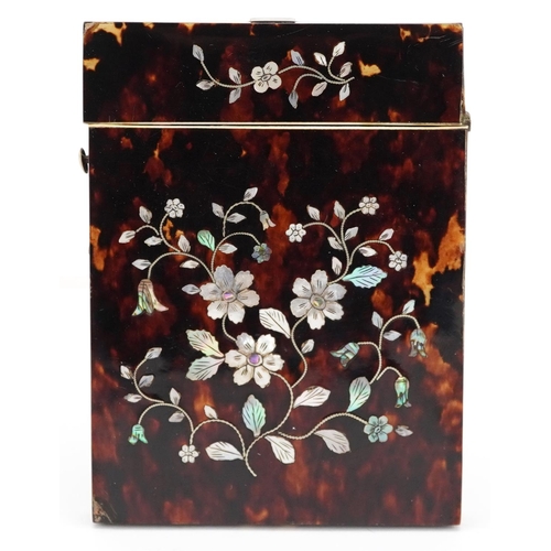 130 - A Victorian tortoiseshell and mother-of-pearl inlaid card case, 11cm high x 8cm wide.