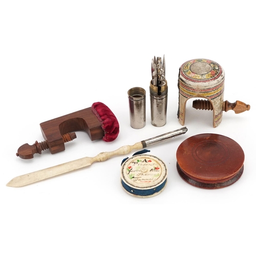 1360 - A small group of 19th century and later collector's items including a painted clamp, a similar woode... 