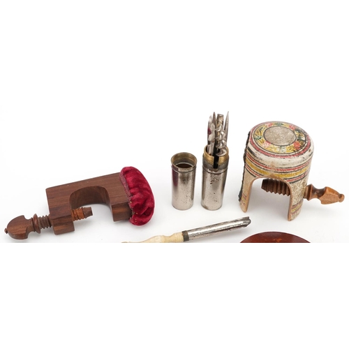 1360 - A small group of 19th century and later collector's items including a painted clamp, a similar woode... 