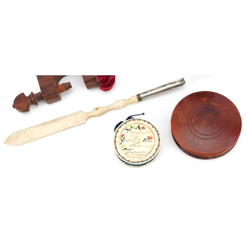 1360 - A small group of 19th century and later collector's items including a painted clamp, a similar woode... 