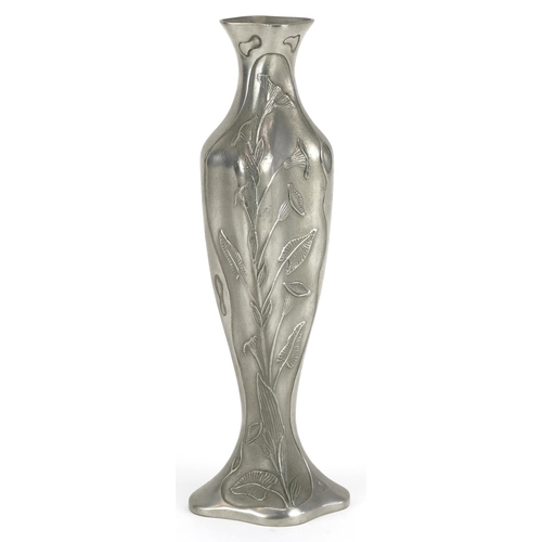 1265 - A Belgian Art Nouveau Finstain pewter vase decorated with stylized flowers, 26cm high.