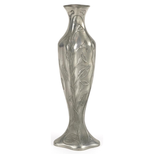 1265 - A Belgian Art Nouveau Finstain pewter vase decorated with stylized flowers, 26cm high.