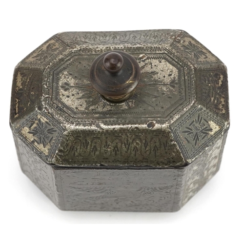 131 - A Georgian cast iron tobacco box with tamper, engraved with a phoenix and sailing ship, possibly rel... 