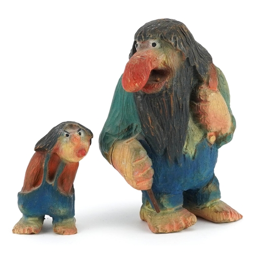 1209 - Two hand carved and hand painted wooden Norwegian trolls by Sandu Kunof?, the largest 18cm high.