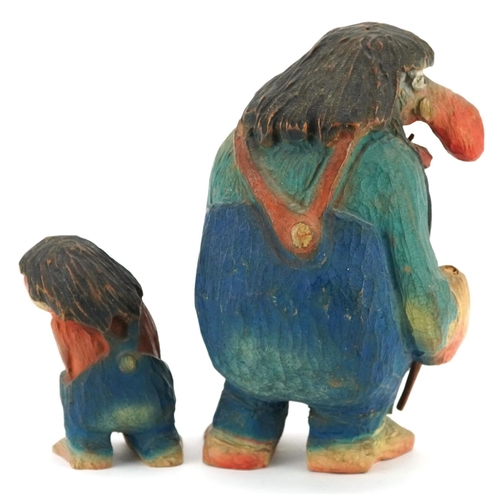 1209 - Two hand carved and hand painted wooden Norwegian trolls by Sandu Kunof?, the largest 18cm high.