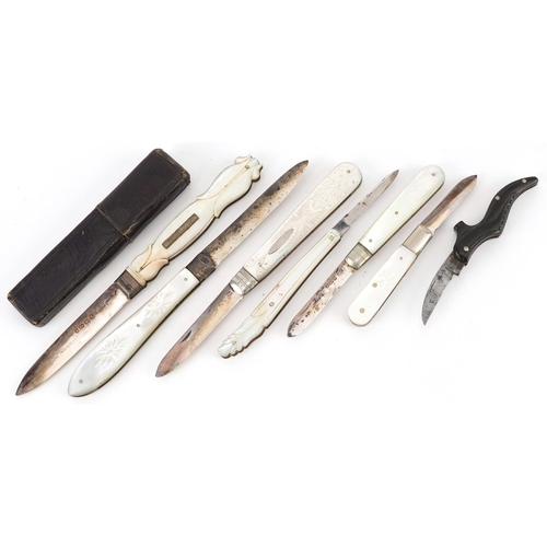 38 - Five 19th century silver and mother of pearl folding fruit knives, one other with steel blade and on... 