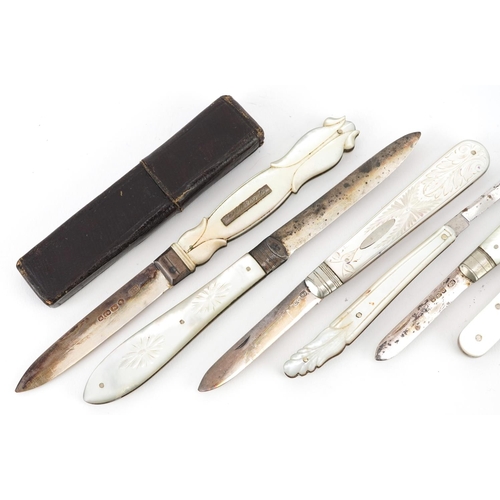 38 - Five 19th century silver and mother of pearl folding fruit knives, one other with steel blade and on... 