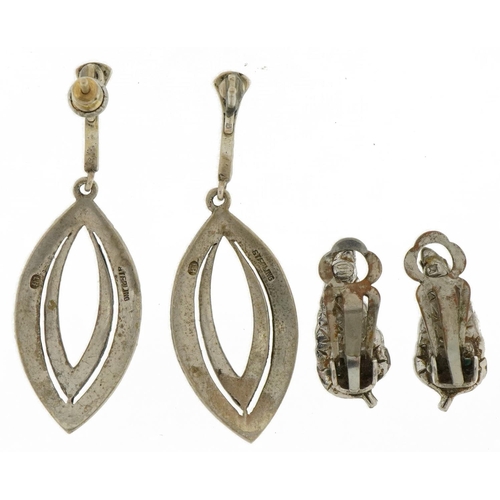 2514 - Pair of silver marcasite drop earrings and a pair of white metal marcasite clip on earrings, the lar... 