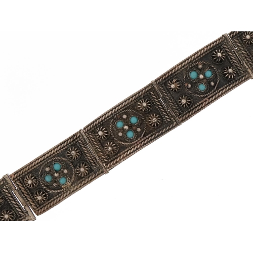 2289 - Middle Eastern silver turquoise panelled bracelet, impressed 100, 16.5cm in length, 20.8g