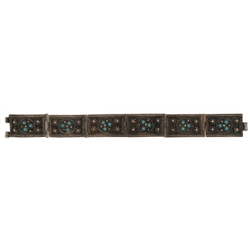 2289 - Middle Eastern silver turquoise panelled bracelet, impressed 100, 16.5cm in length, 20.8g