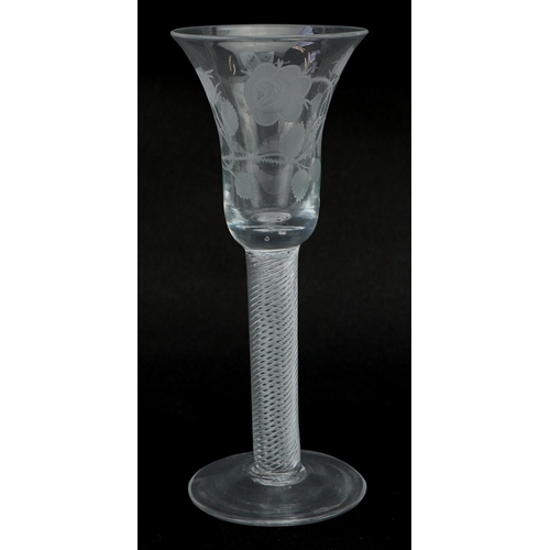 69 - 18th century Jacobite wine glass with etched bowl and air twist stem, 18cm high