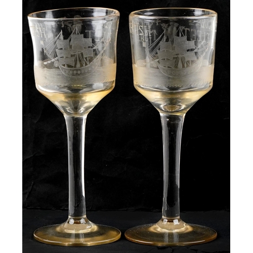 68 - Two similar early 20th century 'Success to the British Fleet 1759, hand blown glass goblets, circa 1... 