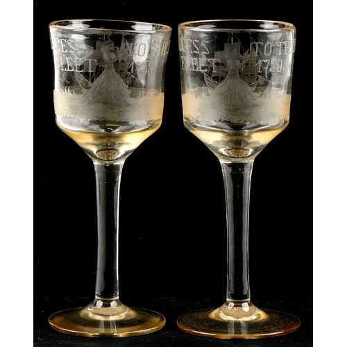 68 - Two similar early 20th century 'Success to the British Fleet 1759, hand blown glass goblets, circa 1... 