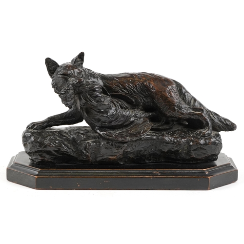  Harry Dixon, British (1861-1942), a brown patinated bronze sculpture of a fox catching a pheasant on... 