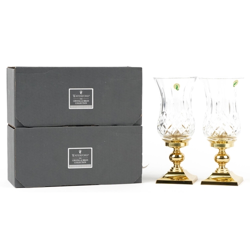 442 - Two Waterford, 'The Crystal & Brass Collection' Lismore hurricane candlestick holders, H-28cm, boxed... 