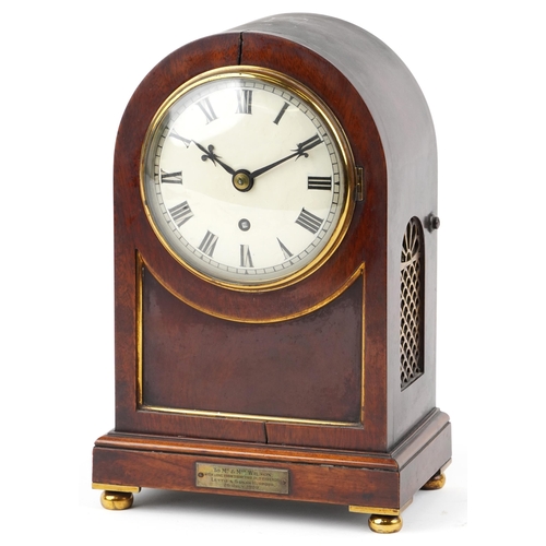 110 - An Edwardian mahogany cased mantle clock with brass inlay, the circular white enamelled dial with bl... 