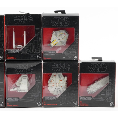 607 - Eight as new Star Wars The Black Series collectable figures including The Ghost, Imperial Shuttle, F... 