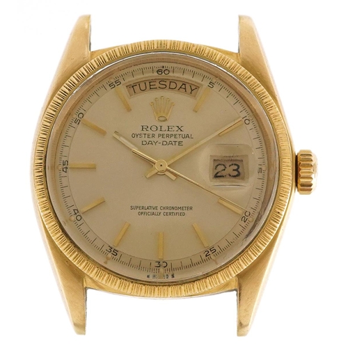 13 - Rolex, a gentlemen's 18ct gold Rolex Oyster Perpetual Day-Date automatic wristwatch with textured 18... 