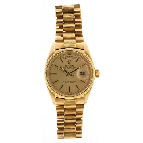 13 - Rolex, a gentlemen's 18ct gold Rolex Oyster Perpetual Day-Date automatic wristwatch with textured 18... 