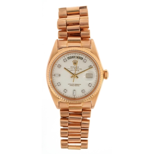 3 - Rolex, a gentlemen's 18ct rose gold Rolex Oyster Perpetual Day-Date automatic wristwatch with diamon... 