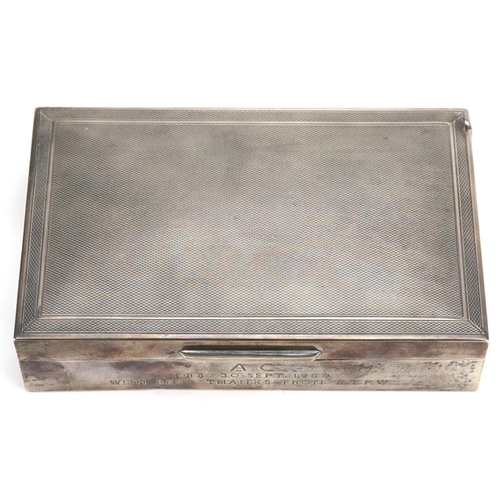 639 - Carrington & Co, Elizabeth II silver cigar box with engine turned hinged lid, London 1967, 14cm wide... 