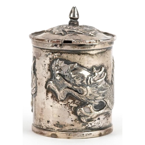 681 - Wang Hing, a Chinese export silver mustard embossed with a dragon, impressed marks to the base, 6cm ... 