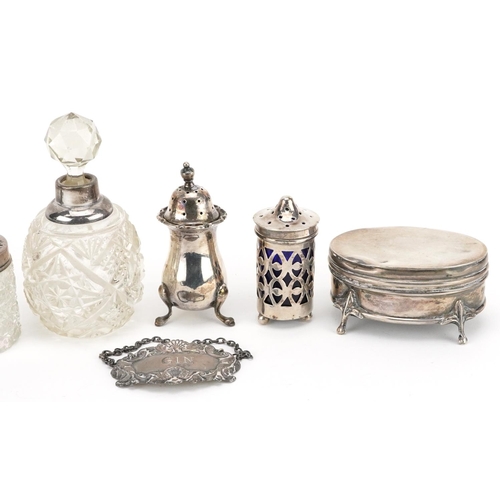 675 - Victorian and later silver objects including a three footed jewel box, cruets and cut glass scent bo... 