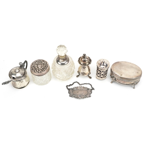 675 - Victorian and later silver objects including a three footed jewel box, cruets and cut glass scent bo... 